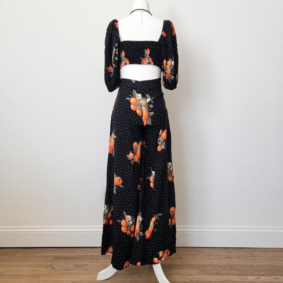 Forever 21 Two Piece Set Orange Fruit Crop Top Wide Leg Pant Black Boho Dot XS M - Picture 2 of 16